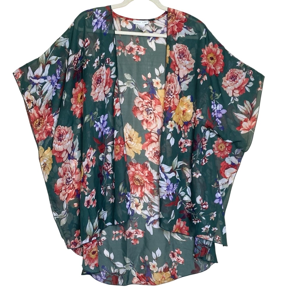 Kimono Women 1XL Green Floral Sheer Chiffon Open Front Wrap Boho Beach Cover Up